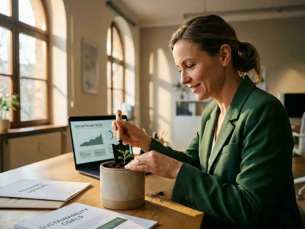 Professionele vrouw plant groene zaailing in donkere aarde op modern kantoorbureau met trainingsmateriaal en laptop