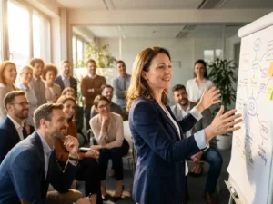 Professionele vrouw presenteert vaardigheidsdiagrammen aan diverse collega's in moderne trainingsruimte met natuurlijk licht