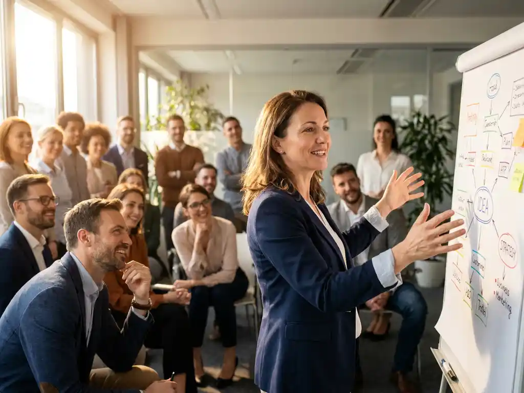 Professionele vrouw presenteert vaardigheidsdiagrammen aan diverse collega's in moderne trainingsruimte met natuurlijk licht