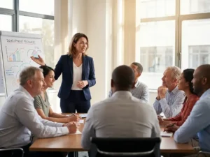 Professionele vrouw presenteert ontwikkelingstrajecten aan diverse collega's in moderne trainingsruimte met natuurlijk licht