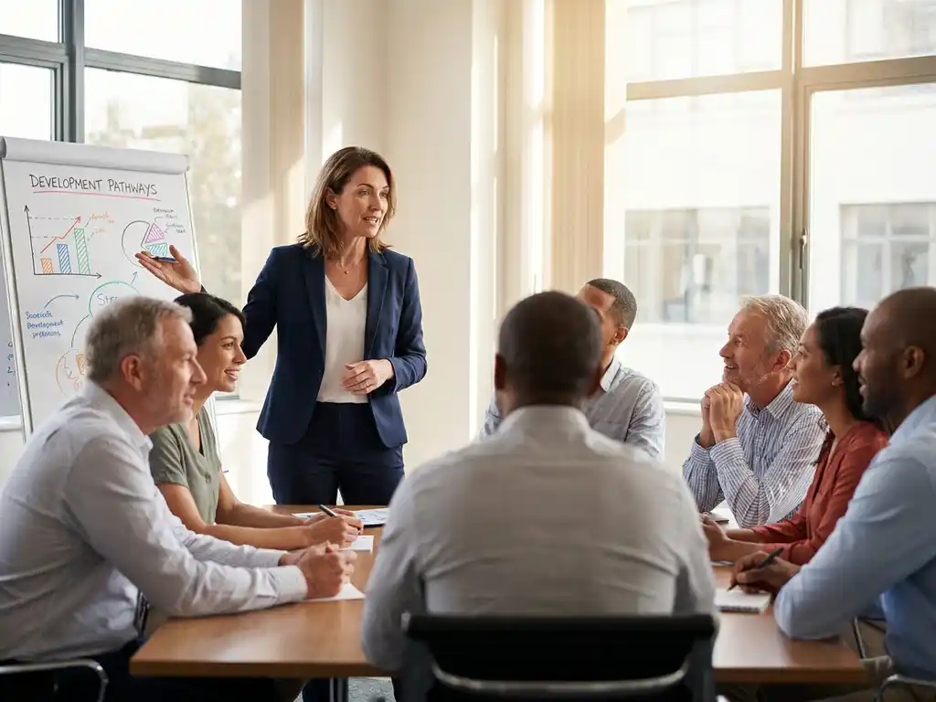 Professionele vrouw presenteert ontwikkelingstrajecten aan diverse collega's in moderne trainingsruimte met natuurlijk licht