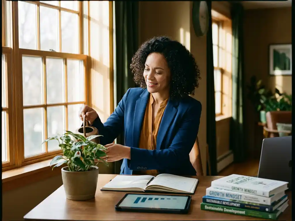 Professionele vrouw van middelbare leeftijd verzorgt groene plant aan modern bureau met laptop en boeken bij raam