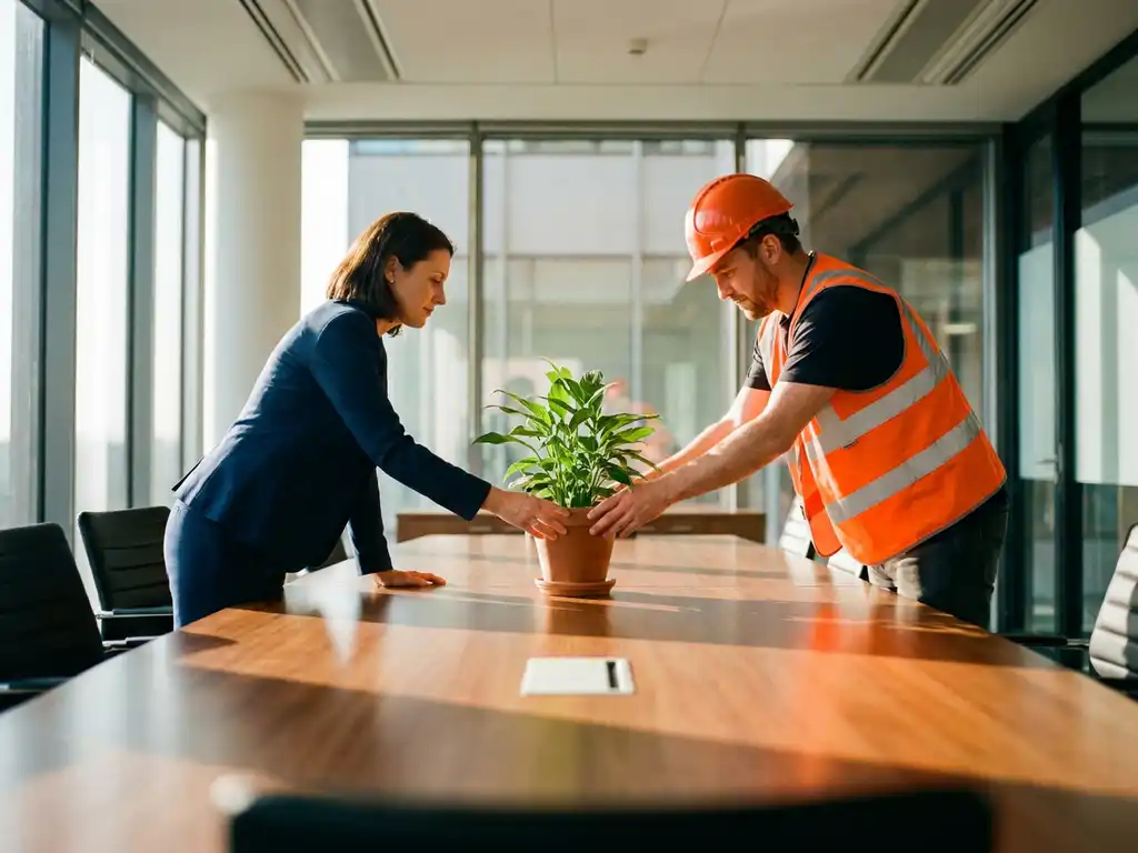 Zakenvrouw en bouwvakker reiken samen naar plant op vergadertafel, symboliserend groei en samenwerking