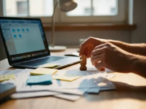 Houten schaakstuk op bureau tussen bedrijfsdocumenten en gekleurde notitiepapiertjes, laptop met digitale mappen op achtergrond