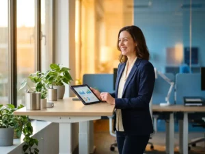Professionele vrouw aan staande bureau bekijkt kleurrijke datavisualisaties op tablet, omringd door kantoorplanten in gouden zonlicht