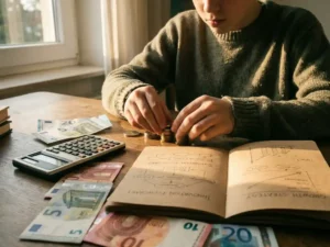 Jonge ondernemer telt munten op houten bureau met eurobiljetten, rekenmachine en innovatieschetsen in notitieboek