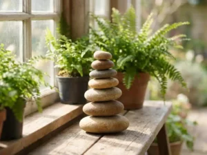 Zeven gladde rivierstenen in perfecte balans gestapeld op verweerde houten meditatiebank, omringd door groene planten in natuurlijk ochtendlicht