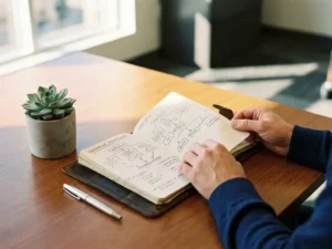 Moderne bureauopstelling met opengeslagen strategisch planningsnotitieblok, organisatieschema's, succulentplant en pen in natuurlijk licht