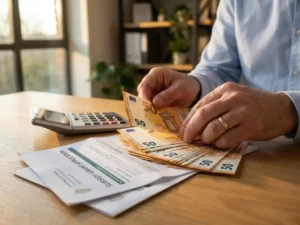 Professionele handen tellen eurobiljetten op houten bureau naast rekenmachine en overheidssubsidiedocumenten