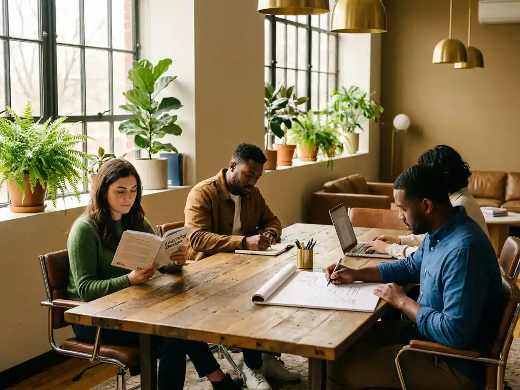 Vier professionals aan houten vergadertafel bezig met lezen, notities maken, laptopwerk en schetsen in modern kantoor met planten