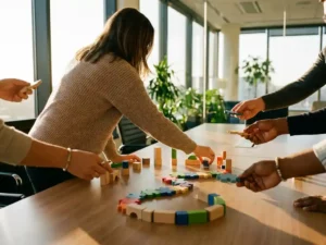 Teamleider rangschikt kleurrijke bouwblokken en puzzelstukken op houten vergadertafel terwijl teamleden meehelpen