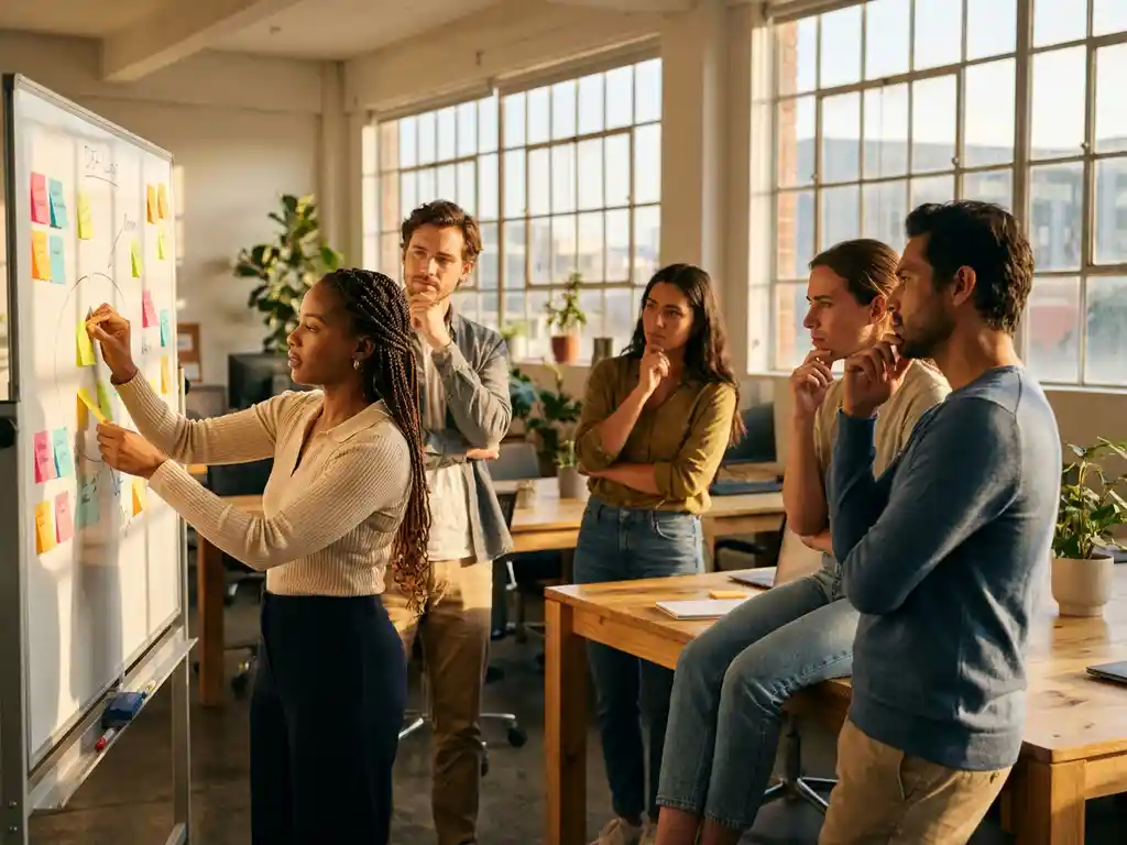 Diverse werknemers brainstormen samen rond whiteboard met kleurrijke sticky notes in modern kantoor met natuurlijk licht