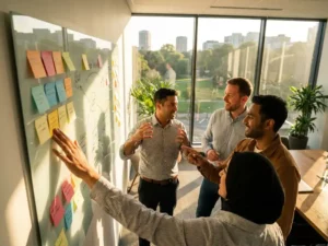 Diverse professionals brainstormen rond whiteboard met gekleurde sticky notes in moderne trainingsruimte