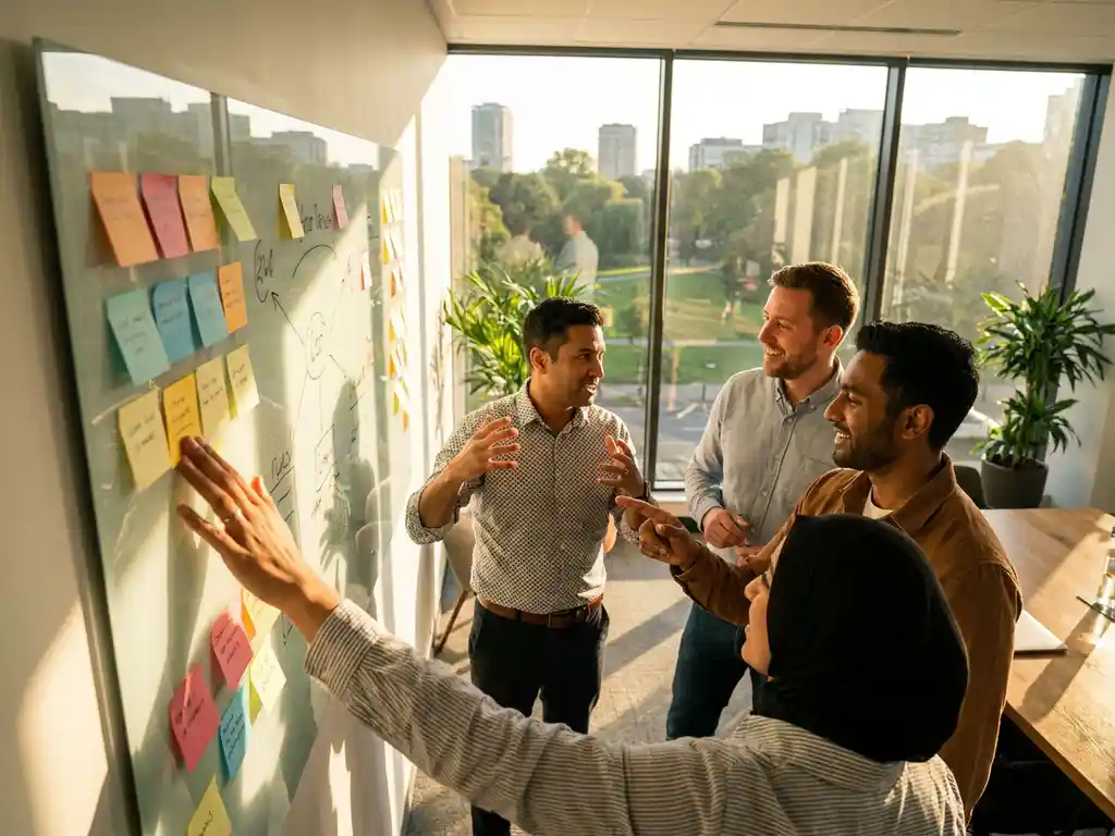 Diverse professionals brainstormen rond whiteboard met gekleurde sticky notes in moderne trainingsruimte