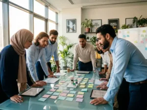 Divers team van professionals brainstormt samen rond glazen vergadertafel met kleurrijke sticky notes in moderne trainingsfaciliteit