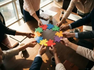 Diverse handen reiken naar het midden van een houten vergadertafel, elk met een kleurrijke puzzelstuk die samen een cirkel vormen