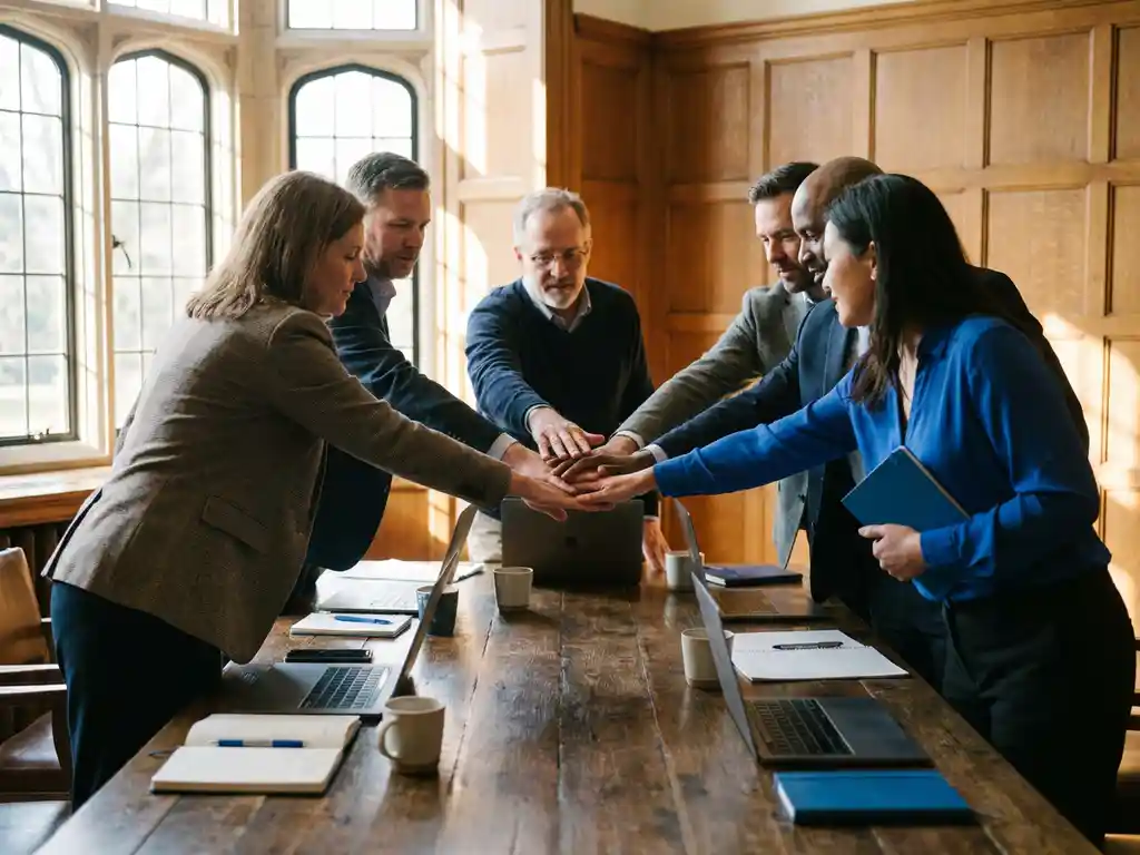Diverse professionals plaatsen handen samen boven houten vergadertafel met laptops en notitieblokken in natuurlijk licht