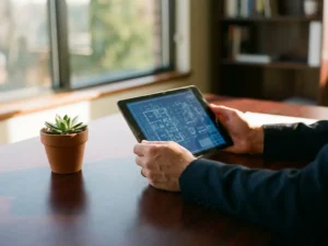 Professionele handen balanceren tablet met technische diagrammen en kleine vetplant op houten bureau, natuurlijk licht