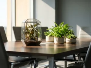 Verwelkte plant in glazen terrarium op conferentietafel naast bloeiende groene planten in moderne kantoorruimte