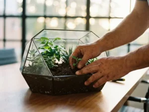 Ervaren handen planten groene zaailing in donkere aarde binnen glazen terrarium op houten vergadertafel in lichte trainingsruimte