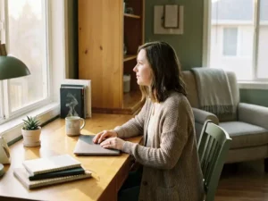Professionele vrouw zit rustig aan houten bureau met gesloten laptop, koffiemok en vetplant, warm zonlicht door ramen in serene thuiskantoor
