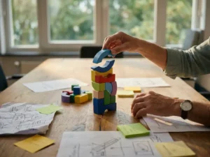 Professionele trainer stapelt kleurrijke bouwblokken tot innovatieve toren op houten vergadertafel met schetsen en notities