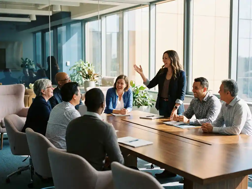 Professionele trainer in gesprek met diverse groep medewerkers rond houten tafel in lichte vergaderruimte