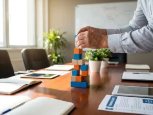 Trainer bouwt kleurrijke houten blokken tot innovatieve toren op conferentietafel met trainingsmaterialen