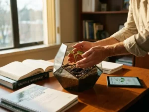 Trainer verzorgt jonge plant in glazen terrarium op houten bureau met trainingmaterialen en boeken in zonlicht