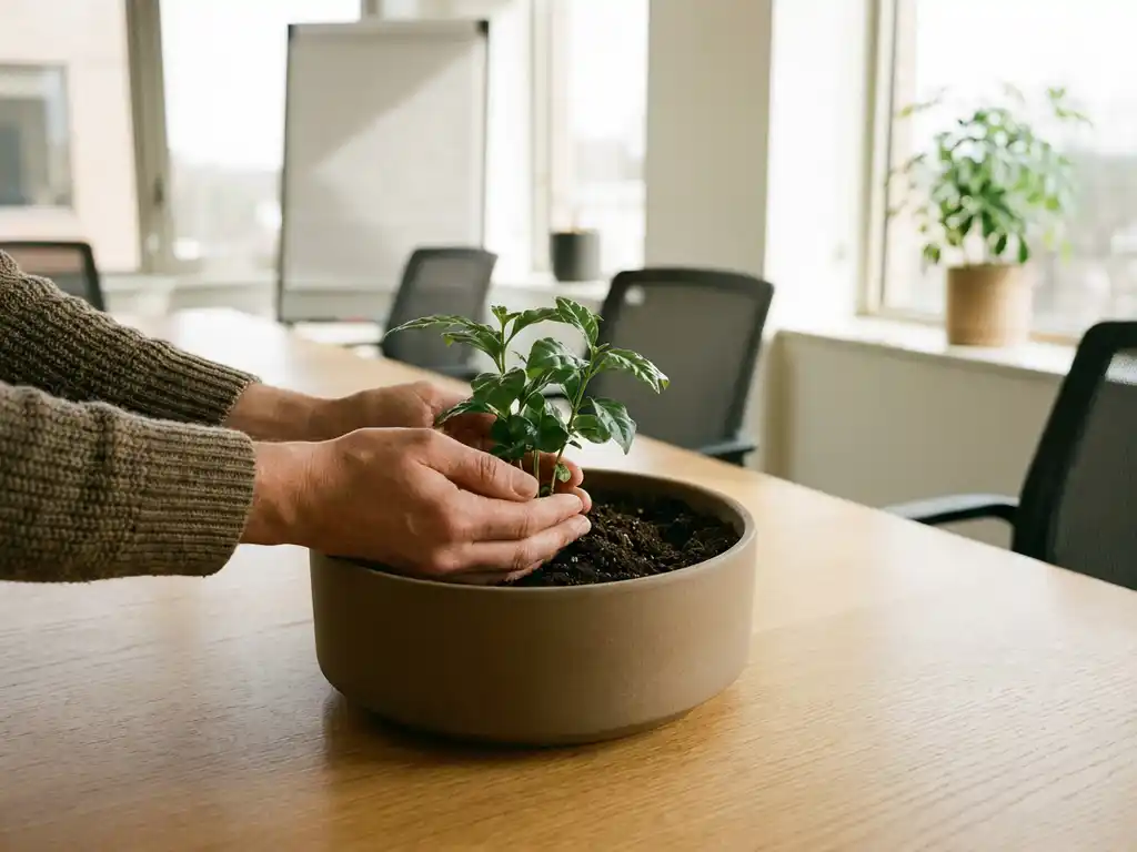 Professionele trainer verzorgt kleine groene plant in keramieke pot op houten vergadertafel in lichte trainingsruimte