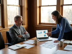 Oudere medewerker met gekruiste armen toont weerstand tijdens training terwijl jongere collega grafieken presenteert op laptop