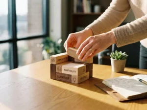 Professionele vrouwenhanden stapelen houten bouwblokken op eiken bureau met plant en notitieboek op achtergrond