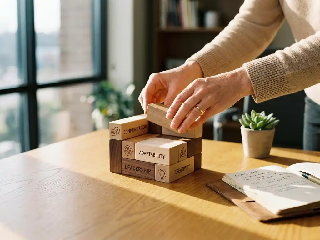 Professionele vrouwenhanden stapelen houten bouwblokken op eiken bureau met plant en notitieboek op achtergrond