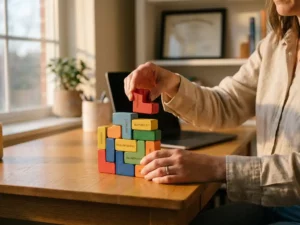 Professionele vrouwenhanden arrangeren kleurrijke houten bouwblokken tot innovatieve architecturale structuur op houten bureau