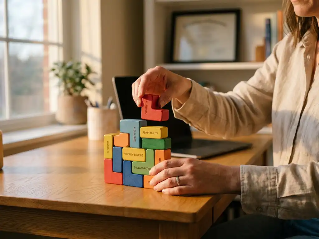 Professionele vrouwenhanden arrangeren kleurrijke houten bouwblokken tot innovatieve architecturale structuur op houten bureau