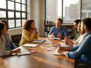 Diverse professionals in gesprek rond houten vergadertafel met kleurrijke notities, warm zonlicht door ramen