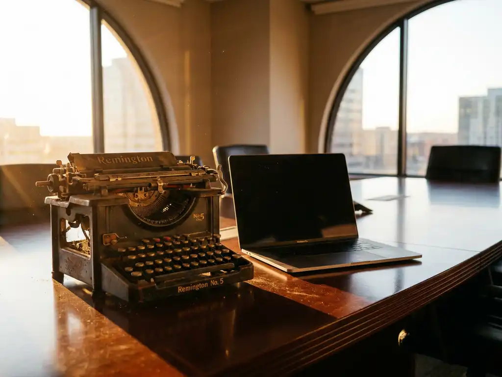 Vintage typemachine met vastgelopen toetsen naast moderne laptop op gepolijste houten vergadertafel in warm zonlicht