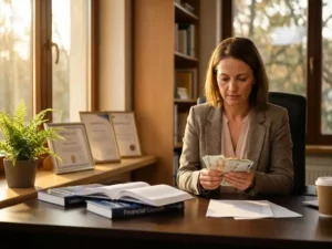 Zakenvrouw telt eurobiljetten aan houten bureau met trainingscertificaten en ontwikkelingsboeken, groene plant op achtergrond