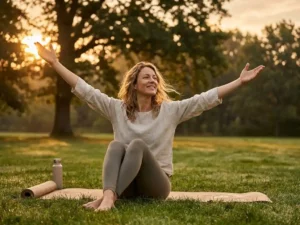 Vrouw strekt armen naar ochtendzon in park met yogamat en waterfles, dauw op gras tussen eikenbomen