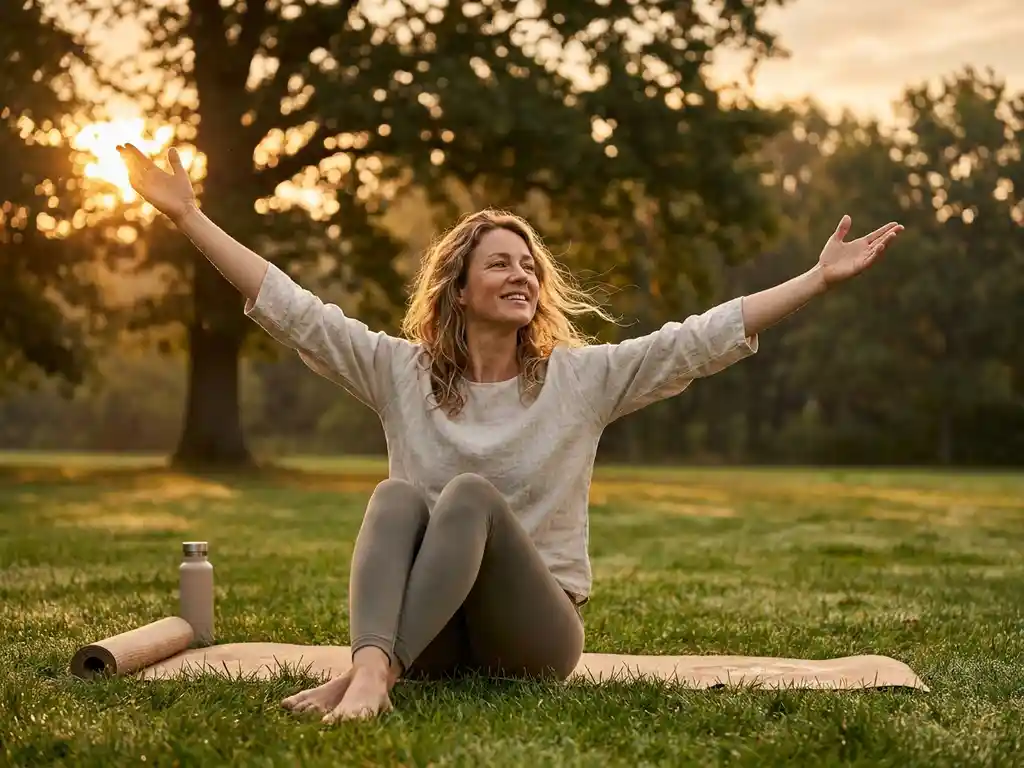 Vrouw strekt armen naar ochtendzon in park met yogamat en waterfles, dauw op gras tussen eikenbomen