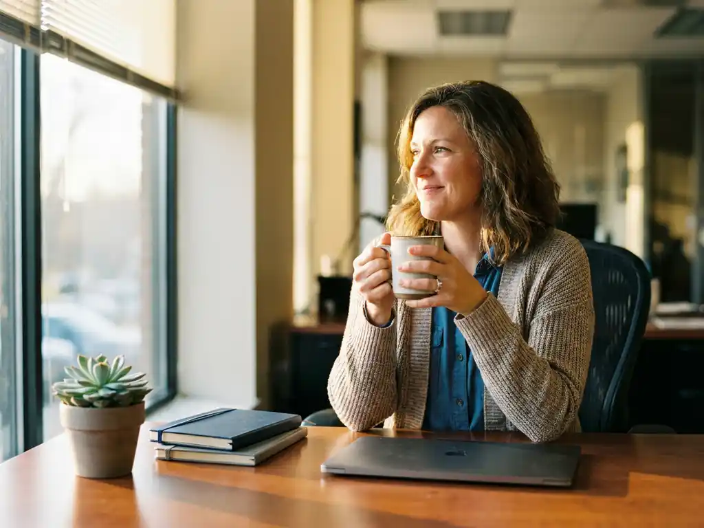 Professionele vrouw met koffiekop kijkt tevreden uit kantoorvenster, houten bureau met plant en notitieboeken