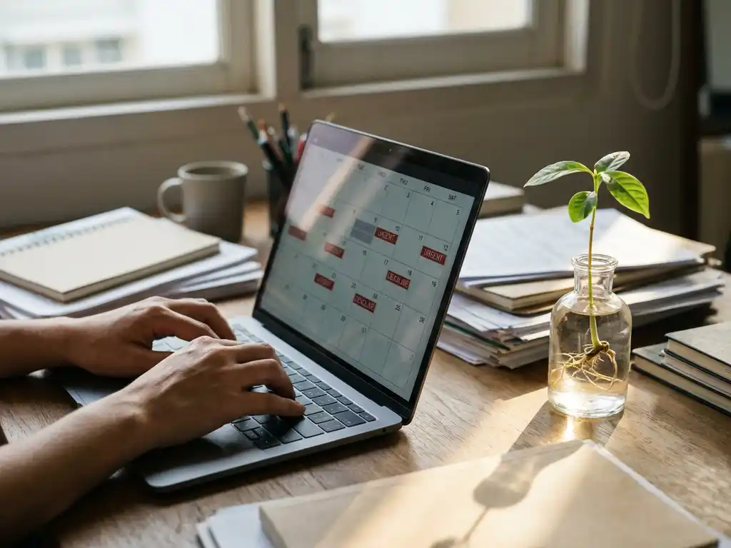 Druk bureau met stapels papieren en laptop, kleine glazen vaas met groene plantenscheut in focus, warme zonnestralen