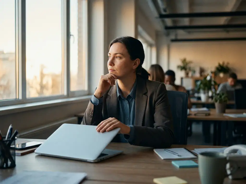 Professionele medewerker duwt laptop weg en kijkt peinzend naar raam in modern kantoor