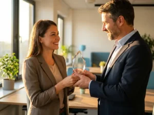 Medewerker ontvangt glazen award trofee van manager in modern kantoor met warme zonlicht door ramen