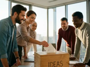 Zelfverzekerde medewerker plaatst handgeschreven idee met gloeilampschets in houten suggestiebox, omringd door diverse collega's in moderne vergaderruimte