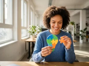 Glimlachende medewerker assembleert kleurrijke puzzelstukjes in gloeilampvorm aan moderne werkplek met natuurlijk licht