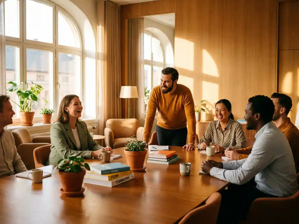 Diverse professionals rond houten vergadertafel in moderne trainingsruimte met natuurlijk zonlicht en planten