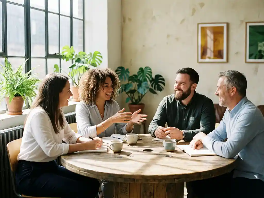 Vier professionals in levendig gesprek rond houten vergadertafel, natuurlijk zonlicht door ramen, planten en koffiekopjes