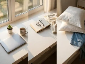 Wit bureau van bovenaf met laptop en koffie, open boek met deken, en kussens in warm gouden zonlicht