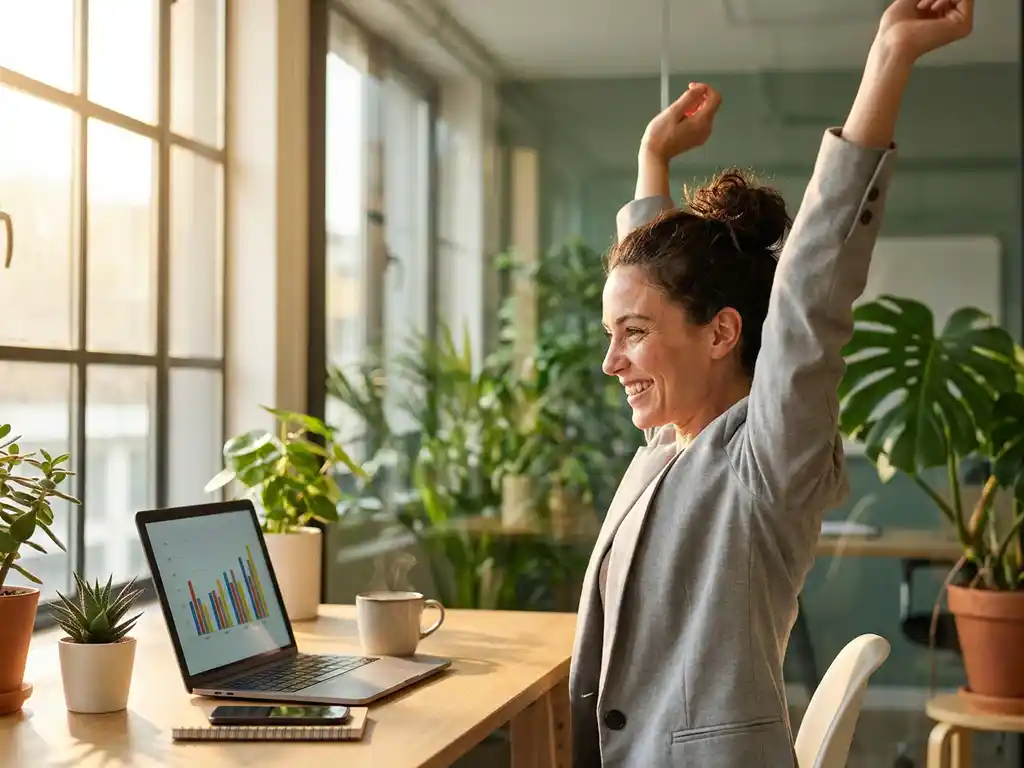 Professionele vrouw strekt zich uit aan moderne werkplek met laptop, planten en natuurlijk licht door grote ramen